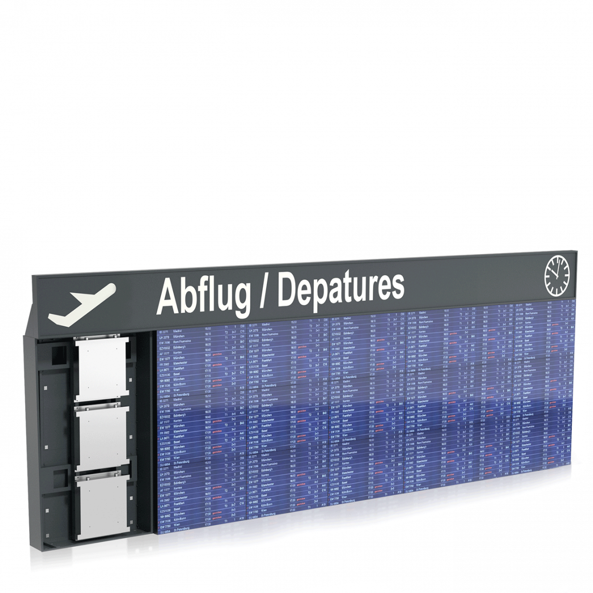 Informationstafel am Flughafen: Informationstafel für Fluggäste zur Anzeige von Ankünften und Abflüge der Flugzeuge.
