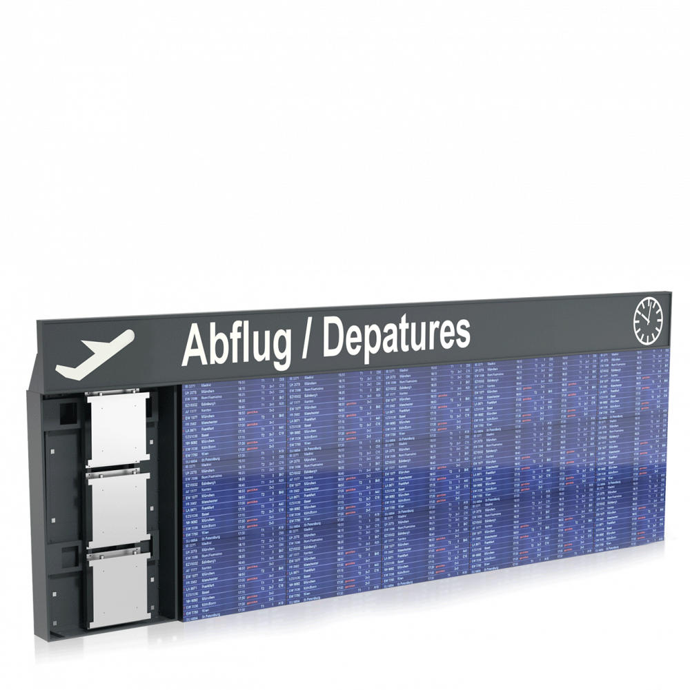 Informationstafel am Flughafen: Informationstafel für Fluggäste zur Anzeige von Ankünften und Abflüge der Flugzeuge.
Informationstafel am Flughafen: Informationstafel für Fluggäste zur Anzeige von Ankünften und Abflüge der Flugzeuge.